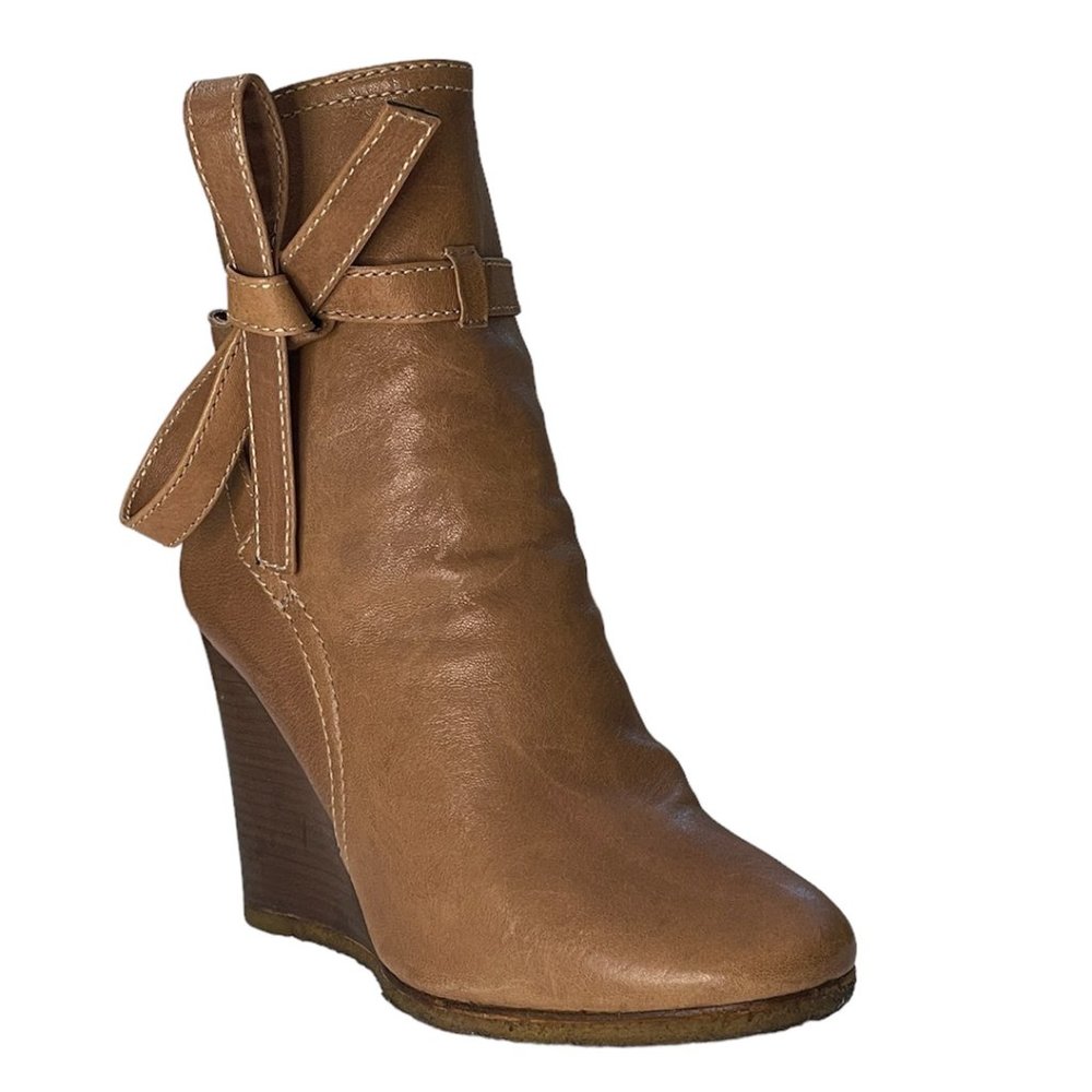 CHLOE Leather Wedge Boots w/ Wrap-Around Leather Strap + Tie Closure